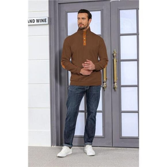Mens Corduroy Sweatshirt Long Sleeve Button Pullover Stand Collar Thermal Top - Picture 6 of 7